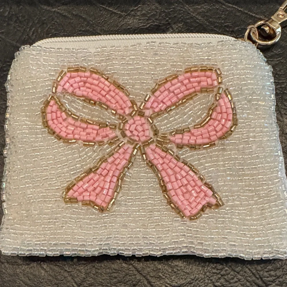 Chic Beaded Coin/Card Holder with Pink Bow, NEW, Sequins 🎀 - Picture 3 of 7